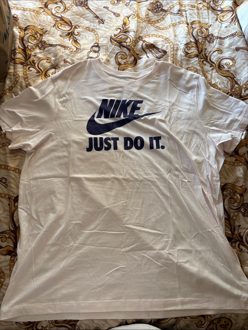 Nike White T-Shirt with Navy Swoosh and 'Just Do It.'
